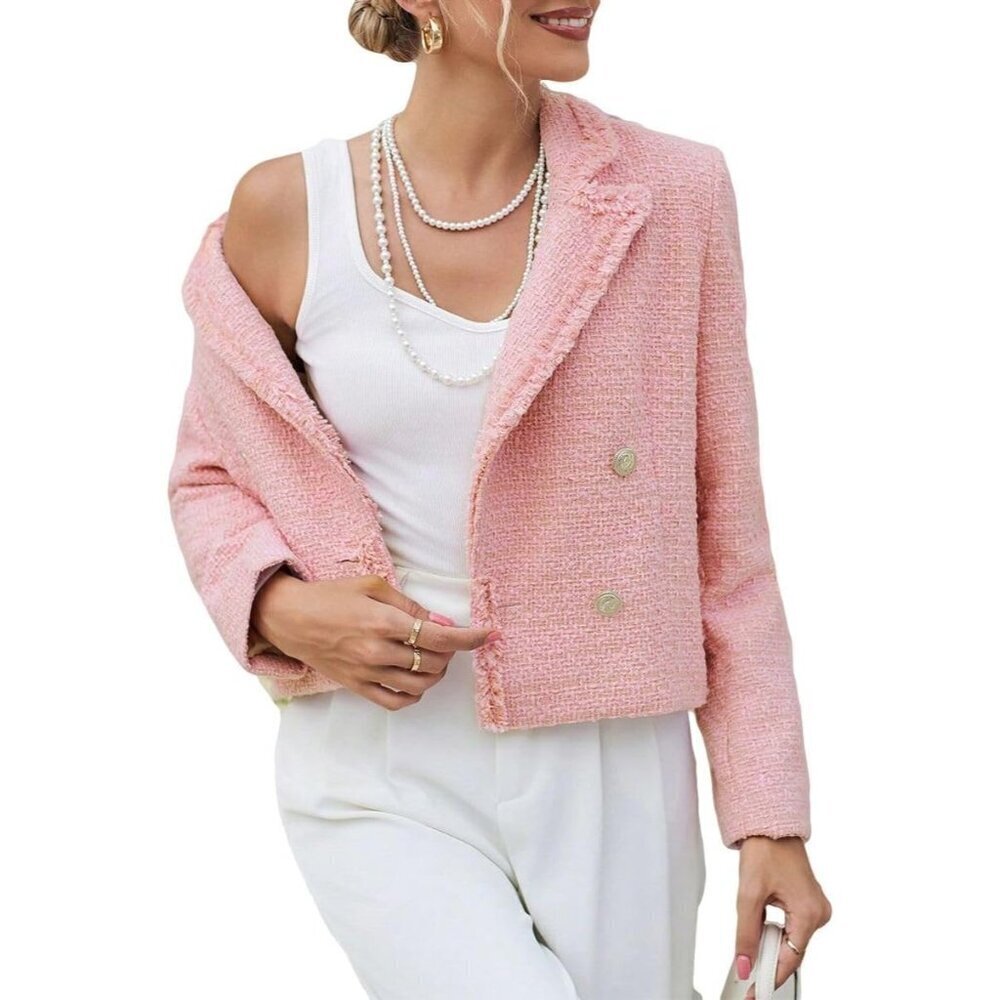 Women's Tweed Blazer Elegant Double-Breasted Open Front Jacket Pockets - Picture 3 of 6